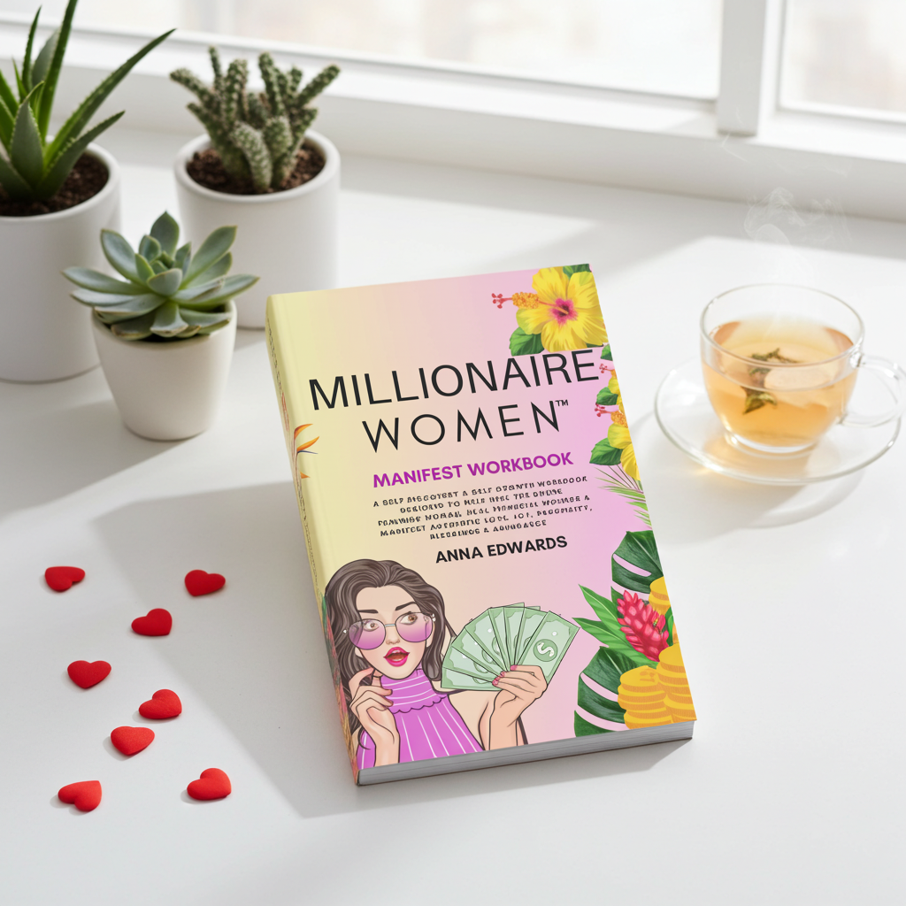 Book titled 'Millionaire Women Manifest Workbook' by Anna Edwards on a table with plants and a cup of tea.