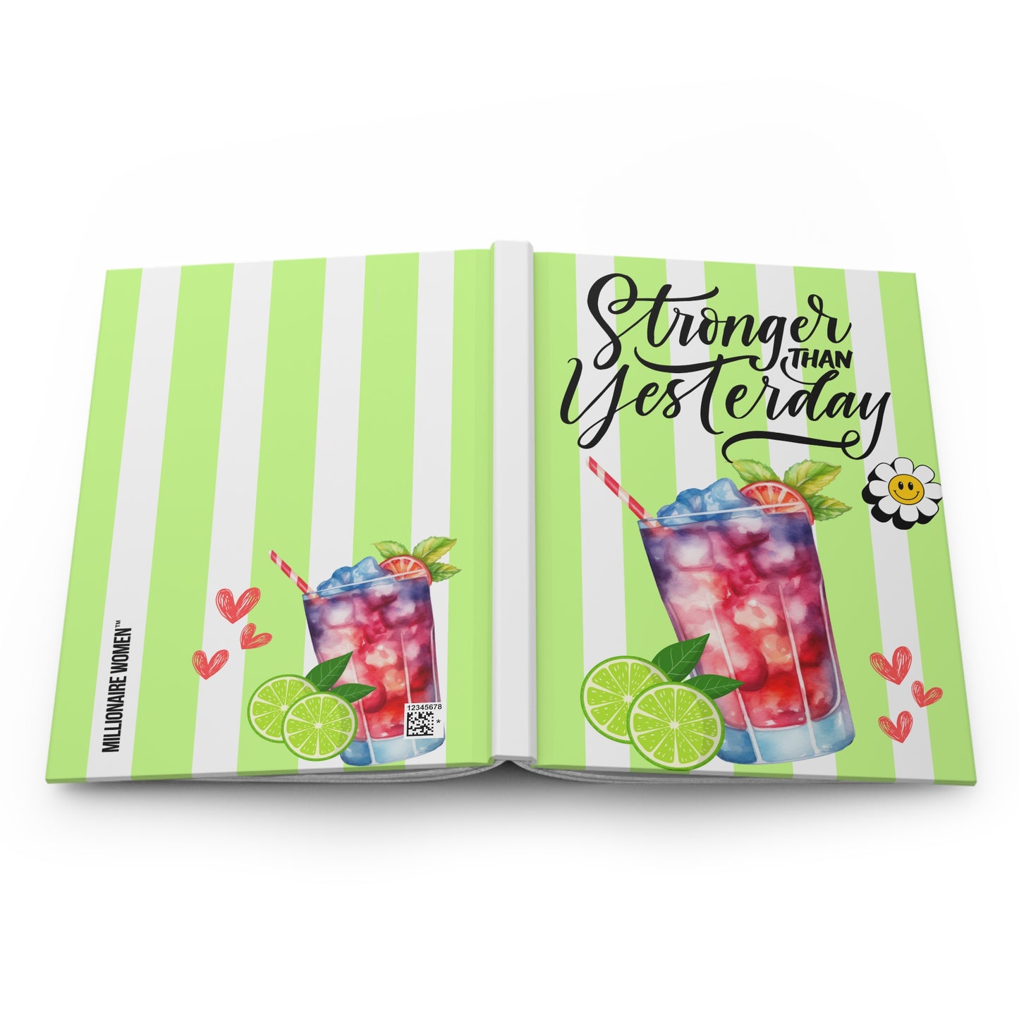 Book with green and white striped cover featuring a drink illustration and text 'Stronger than Yesterday'.