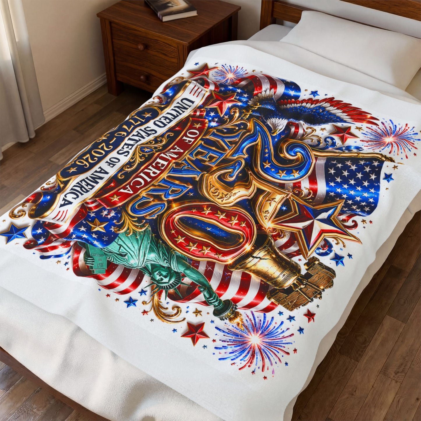 Velveteen Plush Blanket 250th USA Anniversary 1776–2026 Patriotic American Flag Design