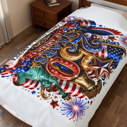 Velveteen Plush Blanket 250th USA Anniversary 1776–2026 Patriotic American Flag Design
