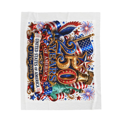 Velveteen Plush Blanket 250th USA Anniversary 1776–2026 Patriotic American Flag Design