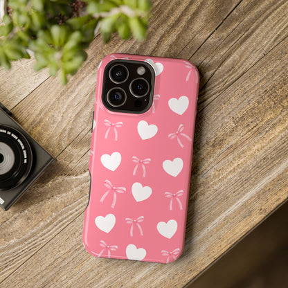 Pink Bow & White Hearts MagSafe iPhone® Case