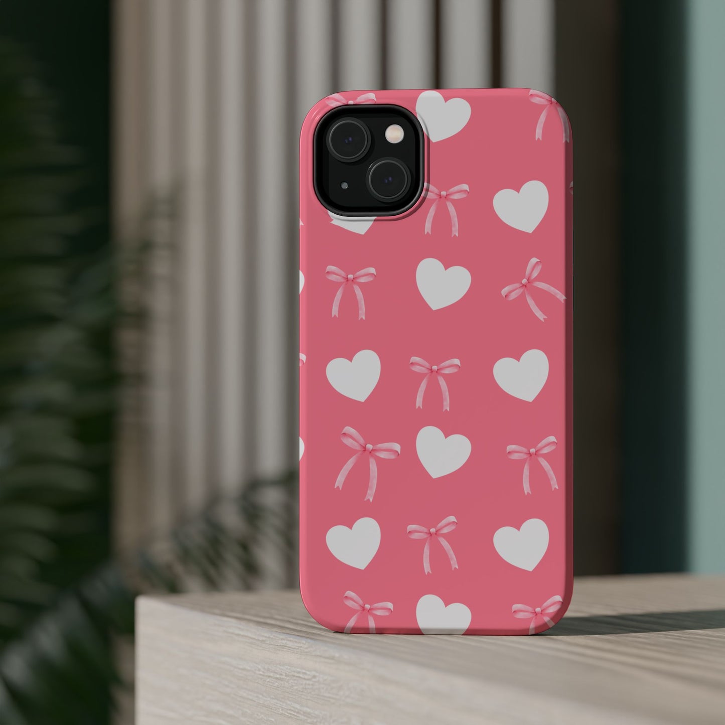 Pink Bow & White Hearts MagSafe iPhone® Case