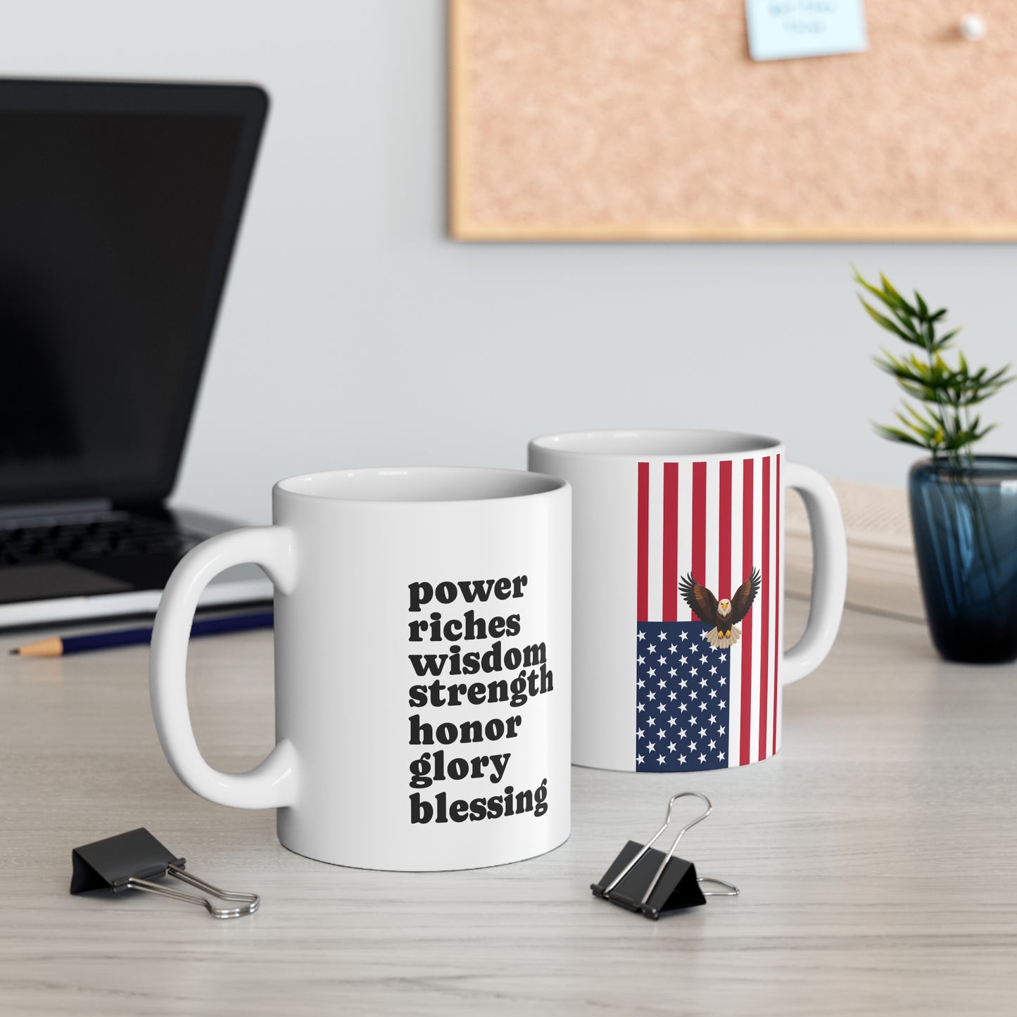Inspirational Mug Declaring Power, Wisdom, Strength with Subtle American Flag Accent