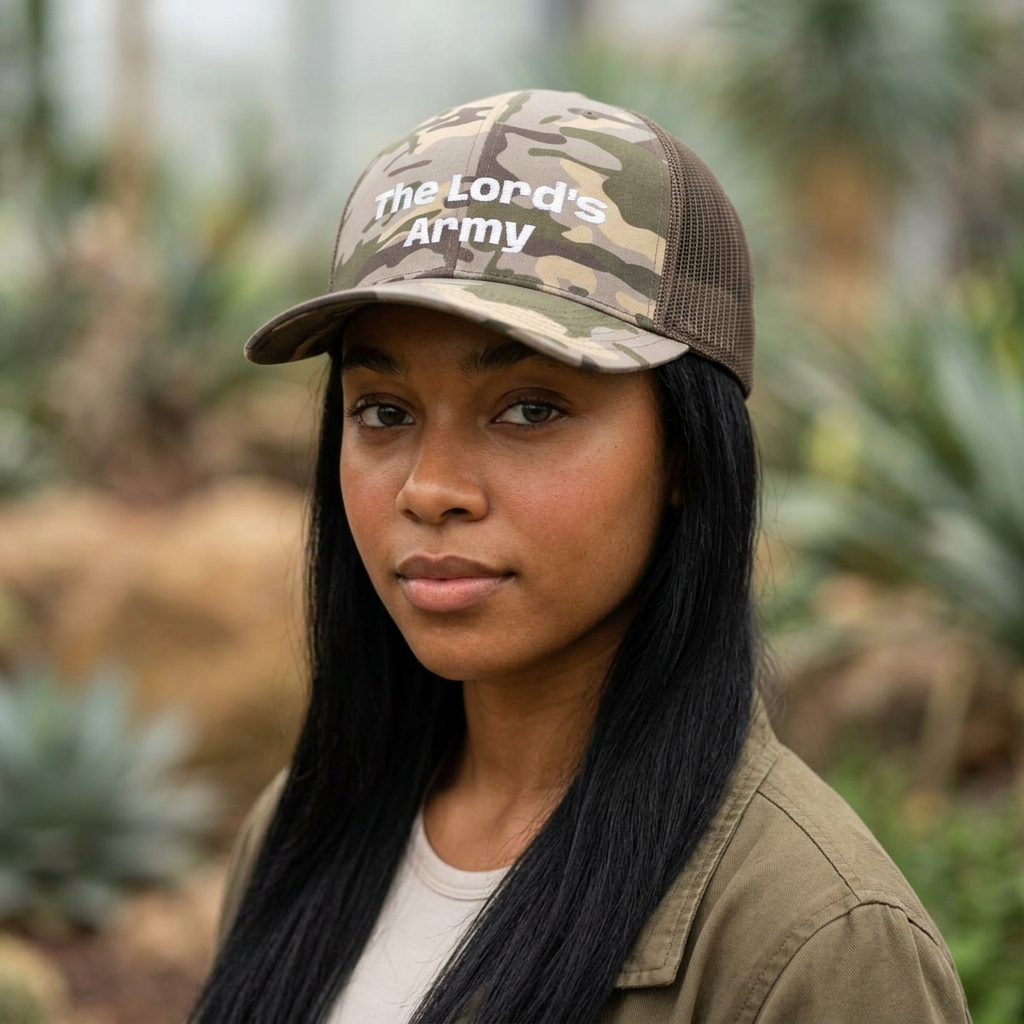 A woman wearing a camouflage trucker hat with 'The Lord's Army' embroidered in white on the front, photographed outdoors with a blurred natural background.