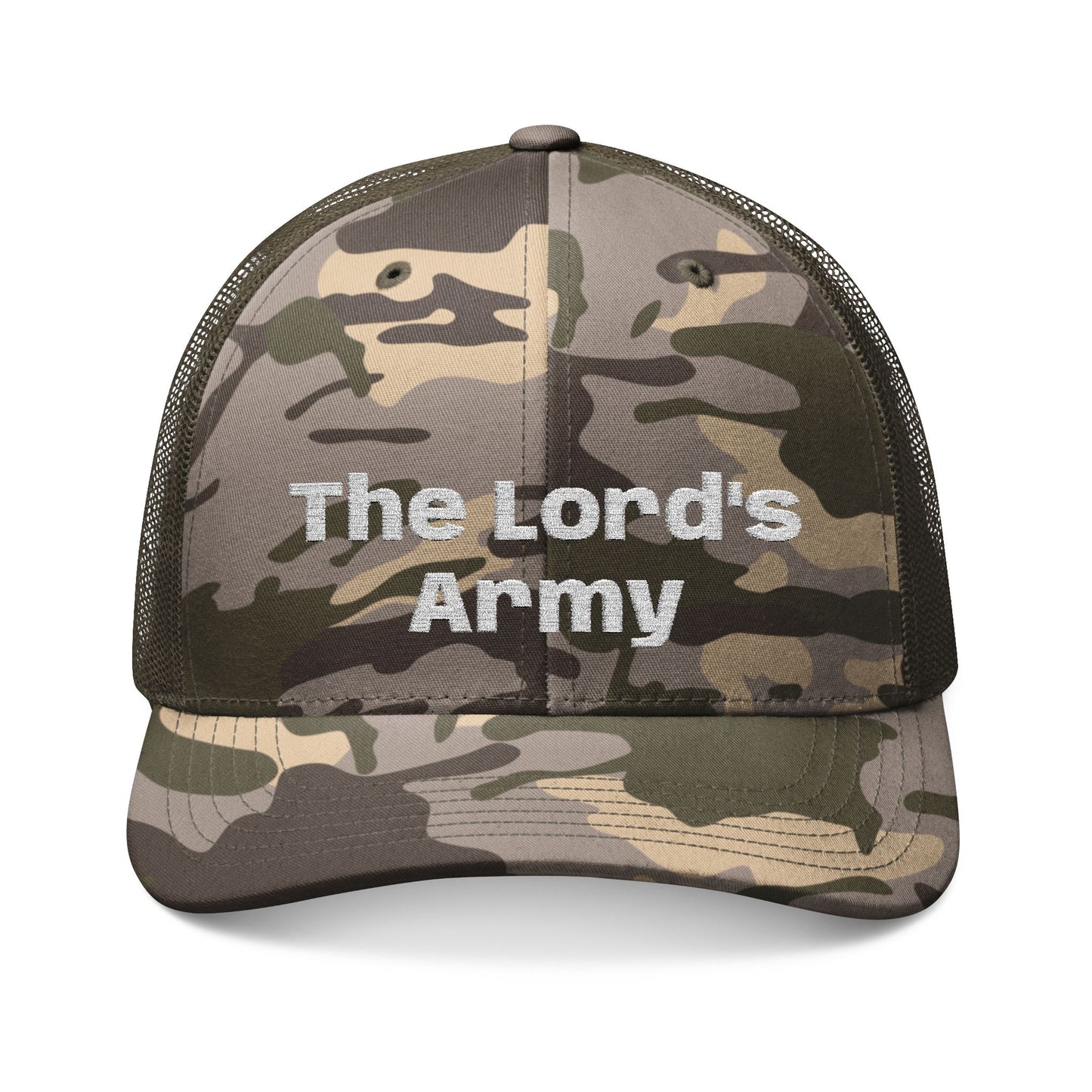  A woman wearing a camouflage trucker hat with 'The Lord's Army' embroidered in white on the front, with a snap back. Wear your faith boldy.