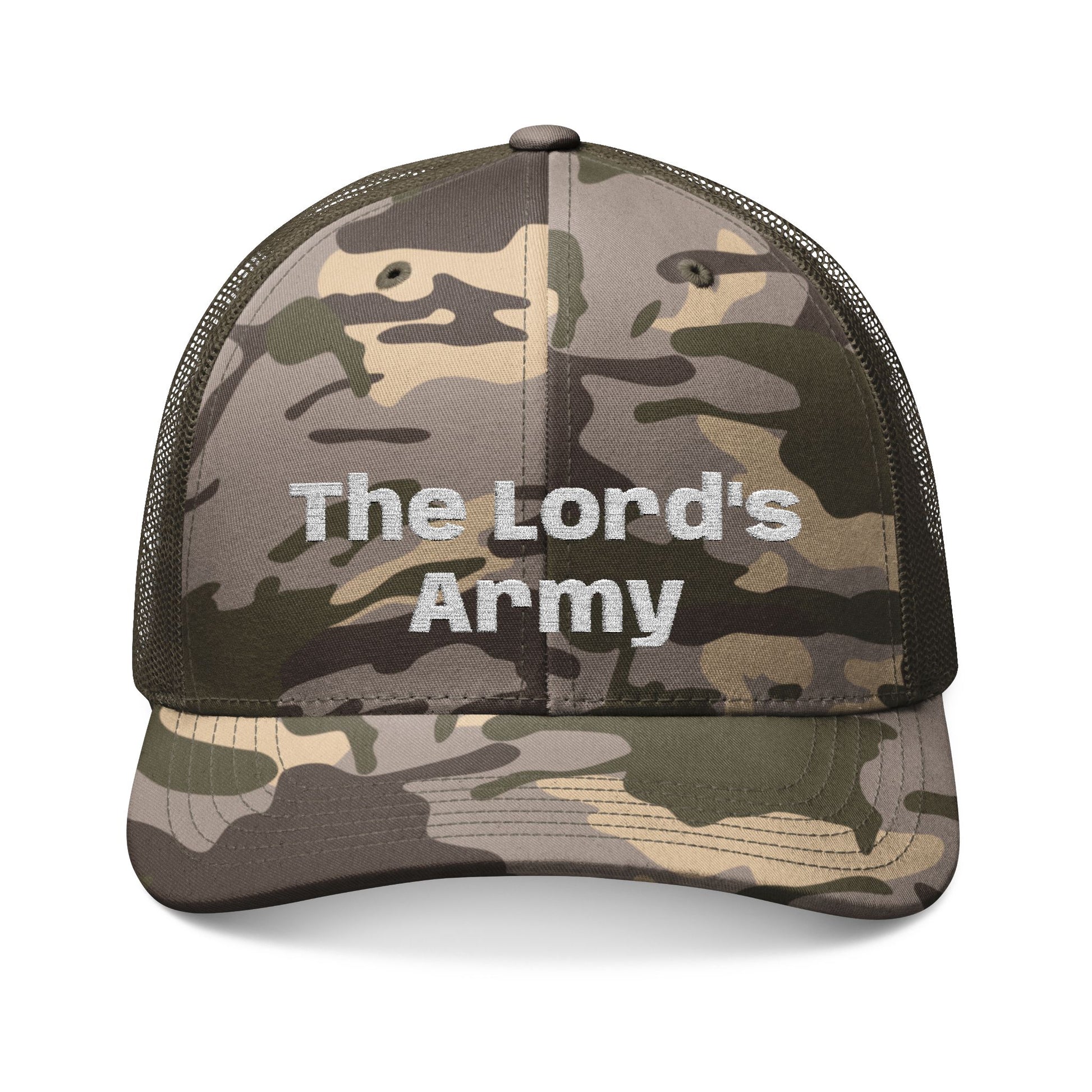  A woman wearing a camouflage trucker hat with 'The Lord's Army' embroidered in white on the front, with a snap back. Wear your faith boldy.