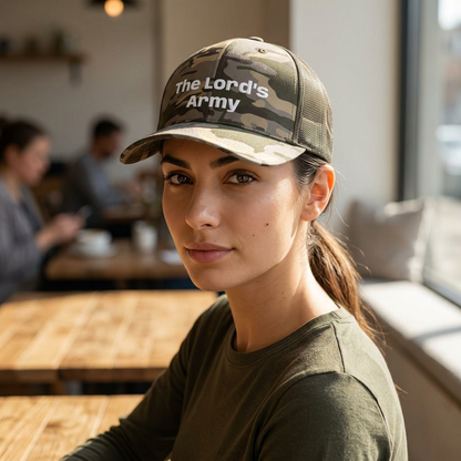 A woman in a cafe setting wearing a camouflage trucker cap with the text 'The Lord's Army' in white on the front, paired with an olive green long-sleeve shirt.