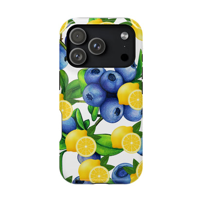 Phone case with blueberries and lemons design on a white background