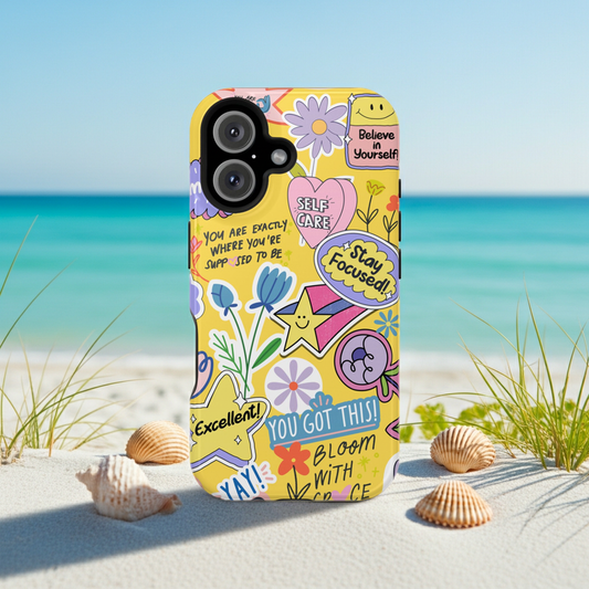 Colorful iphone case with motivational phrases, hearts, flowers designed with an overall theme of good energy and positivity. Designed by Millionaire women