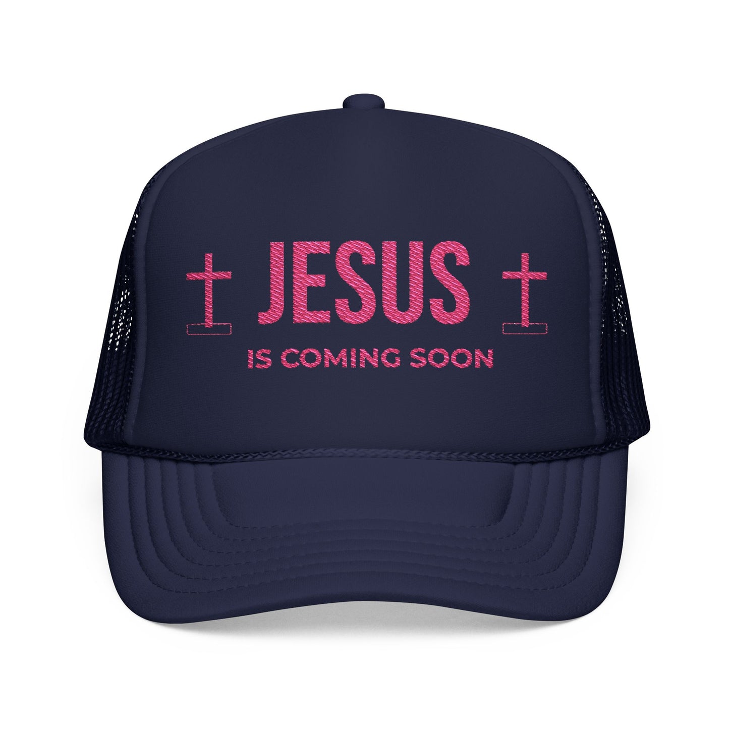 Trucker cap that says Jesus is Coming Soon. Design has two crossess on it, by Millionaire Women LLC