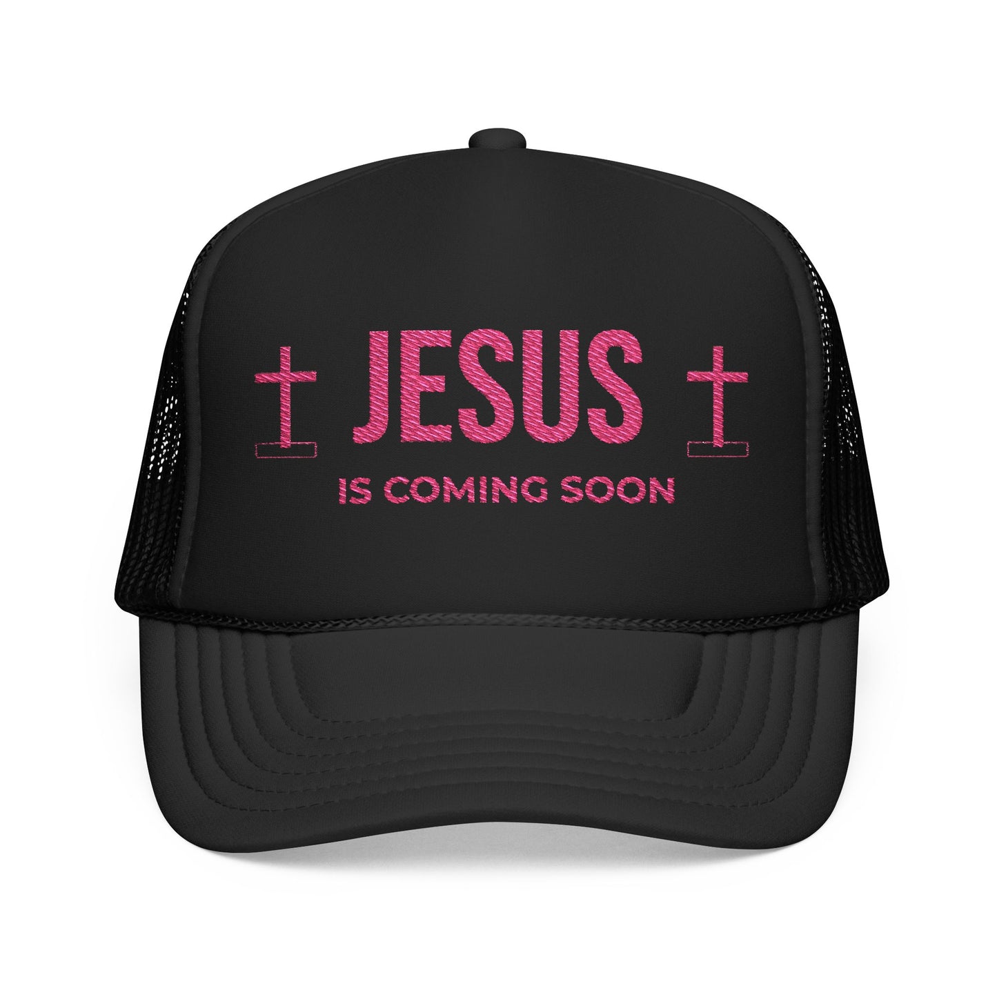 Trucker cap that says Jesus is Coming Soon. Design has two crossess on it, by Millionaire Women LLC