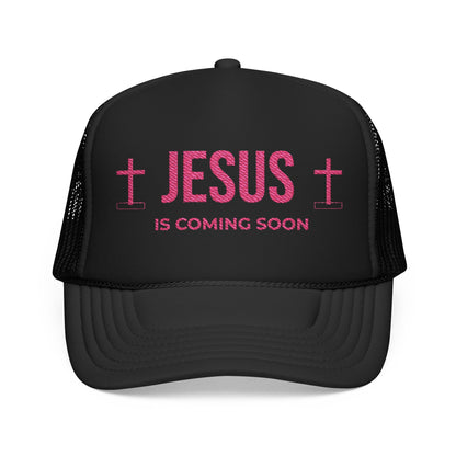 Trucker cap that says Jesus is Coming Soon. Design has two crossess on it, by Millionaire Women LLC