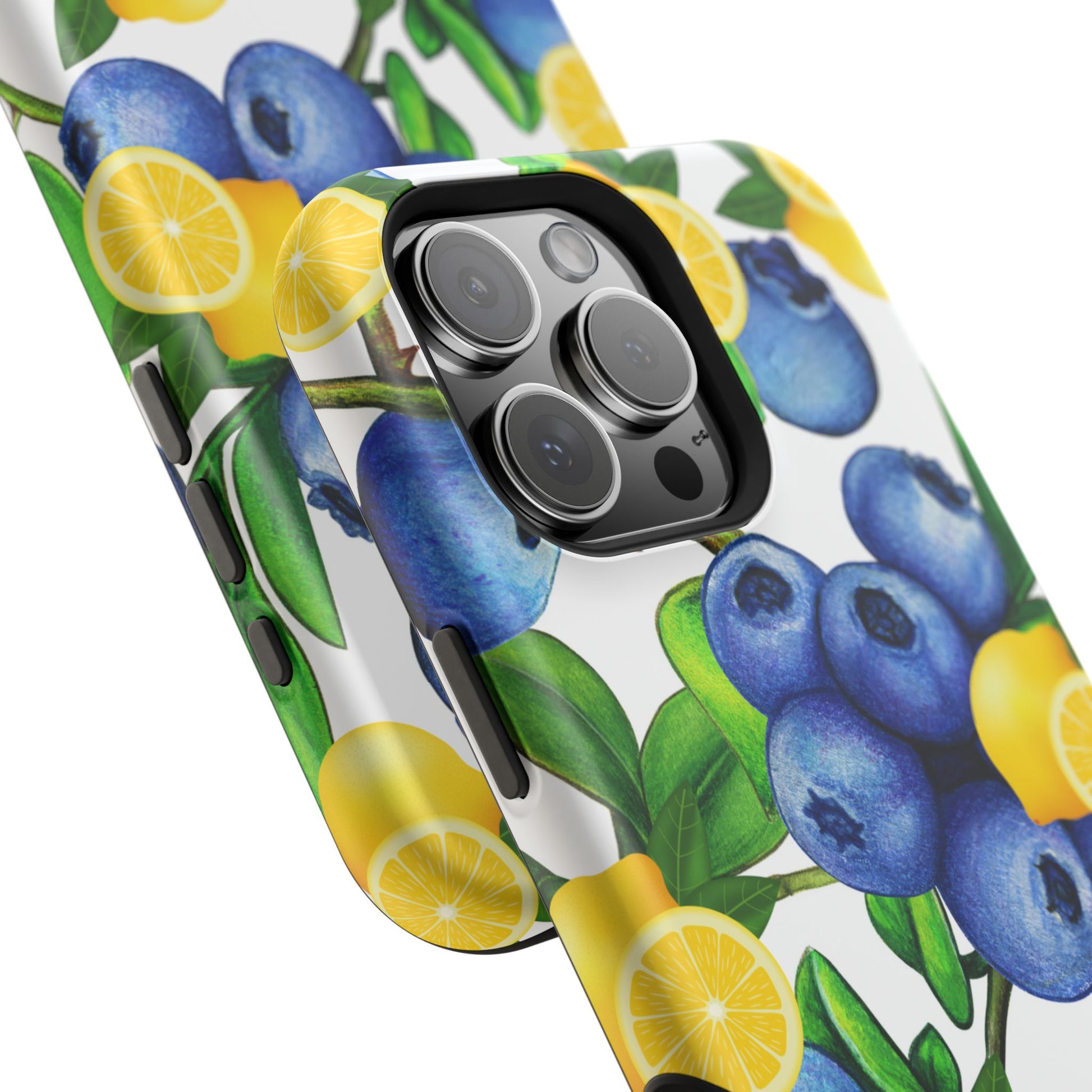 Phone case with blueberries and lemons design on a white background