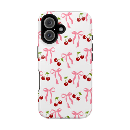 Phone case with cherry and bow pattern on a white background
