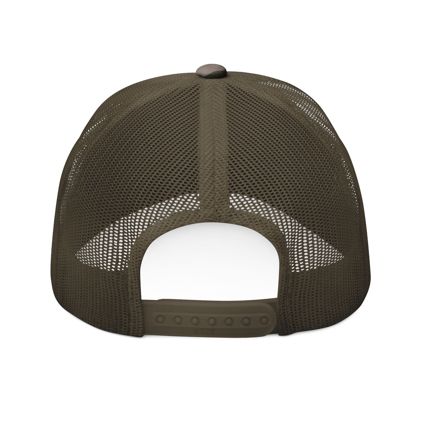 A woman wearing a camouflage trucker hat with 'The Lord's Army' embroidered in white on the front