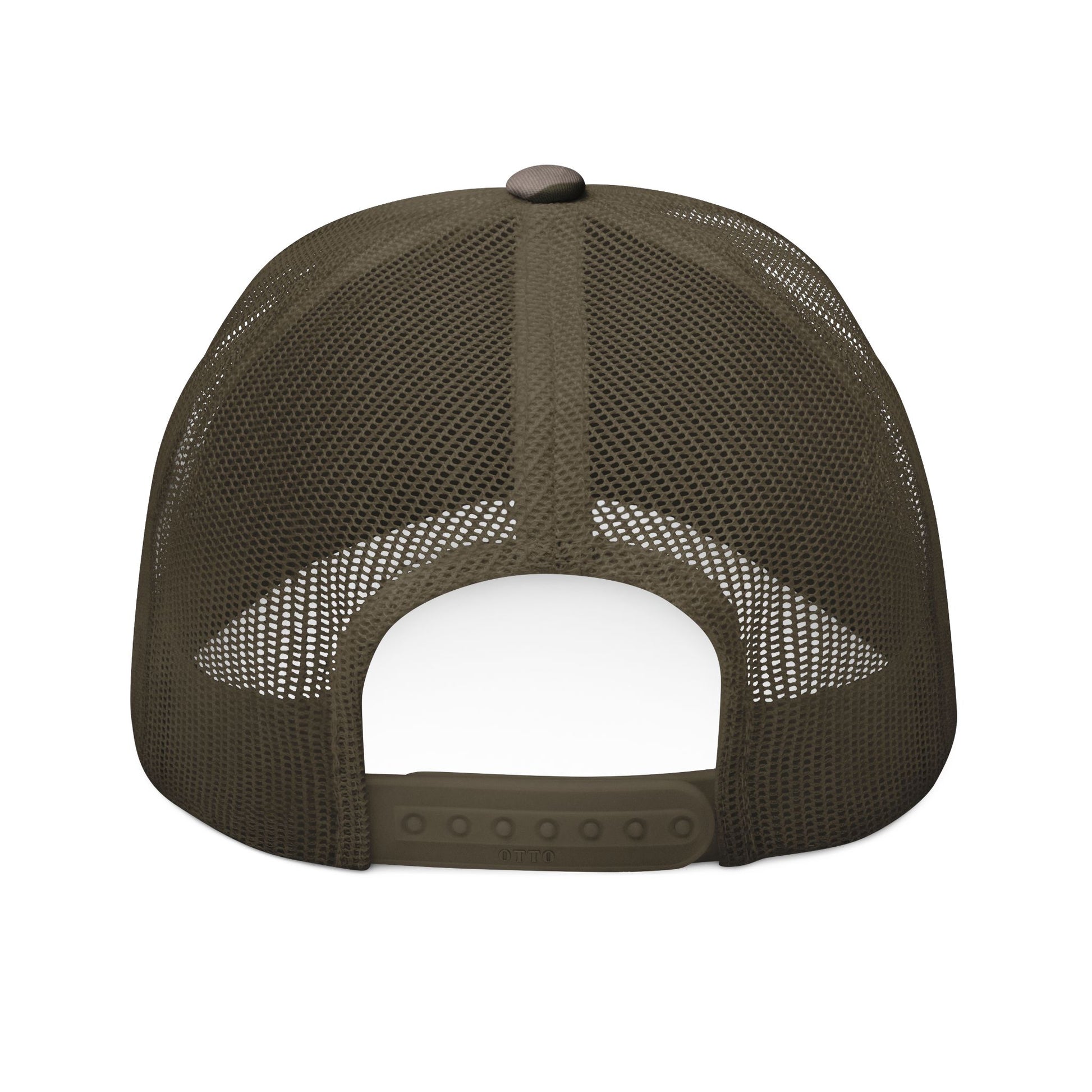 A woman wearing a camouflage trucker hat with 'The Lord's Army' embroidered in white on the front