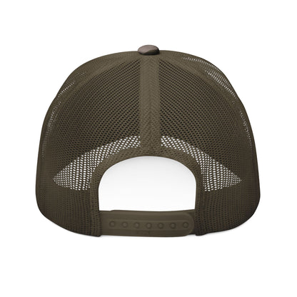A woman wearing a camouflage trucker hat with 'The Lord's Army' embroidered in white on the front