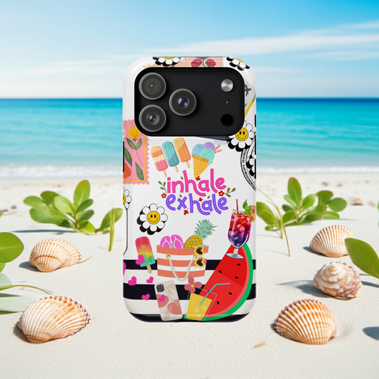 iPhone case with colorful designs featuring beach bag with slipper, ice-cream, summer drinks and overall positivity to bring mental clarity and joy