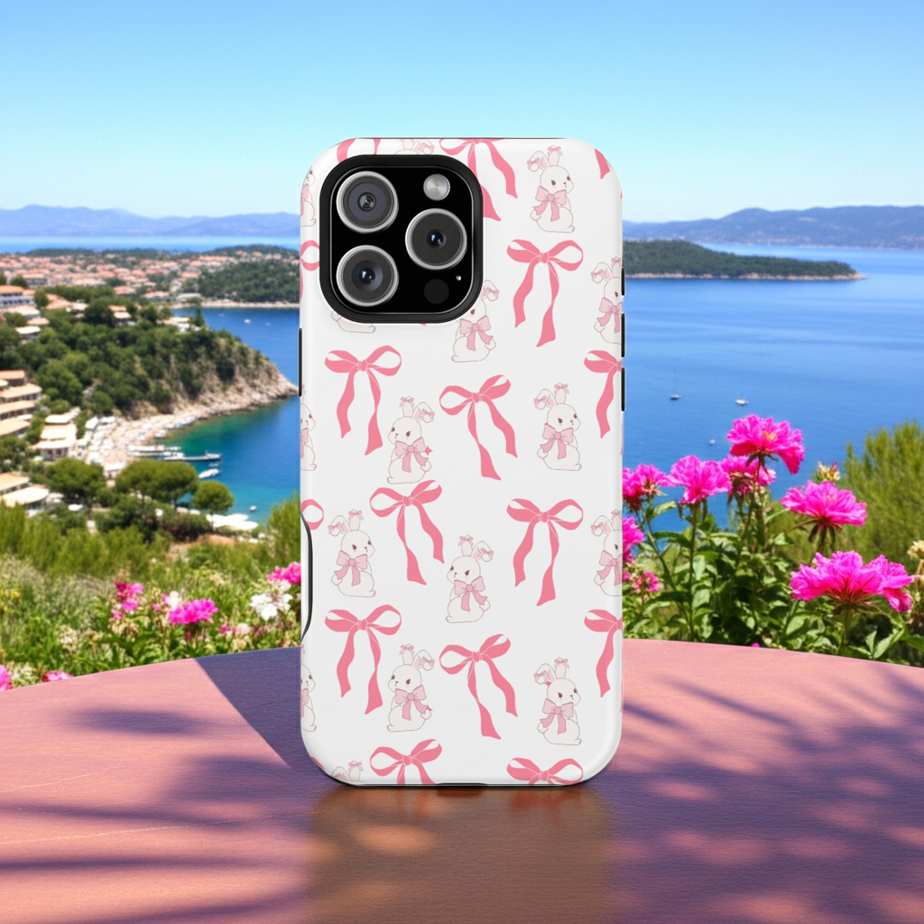 iPhone case with pink bow pattern and bunnies on a scenic background