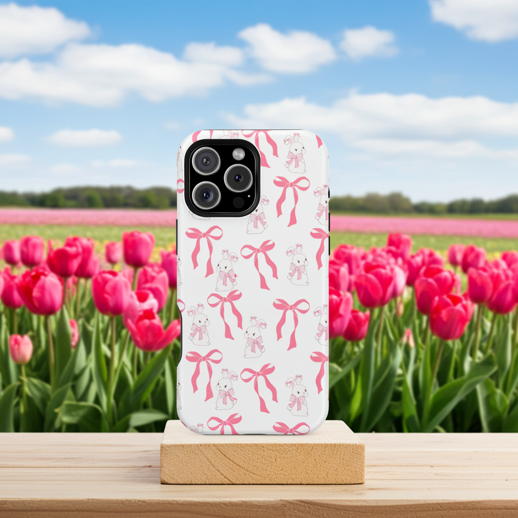 iPhone case with pink bow pattern and bunnies on a stand in front of a tulip field