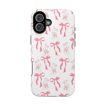 iPhone case with bunnies and pink bow pattern on a white background