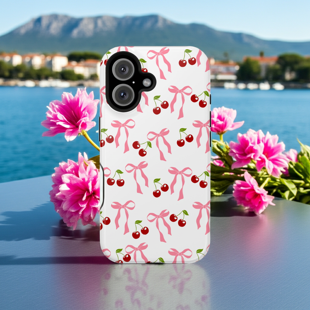 iPhone case with pink bows and cherries design on a table with flowers and water background
